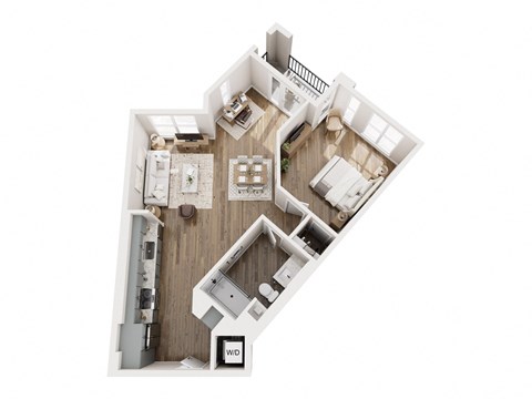 A top down view of a house with a kitchen, living room, and two bedrooms.